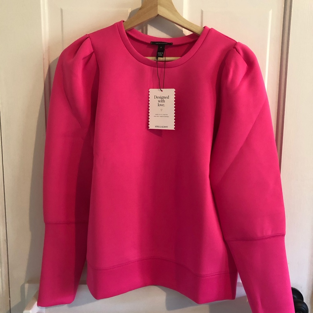 Neon pink puff sleeve neoprene sweater
